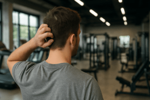man scratching his head in the gym