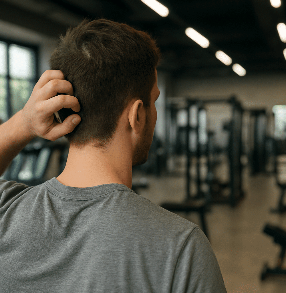 man scratching his head in the gym