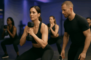A woman holding a dumbbell for a squat during a group class.