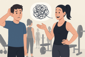 A man scratching his head in confusion from a gym trainer talking