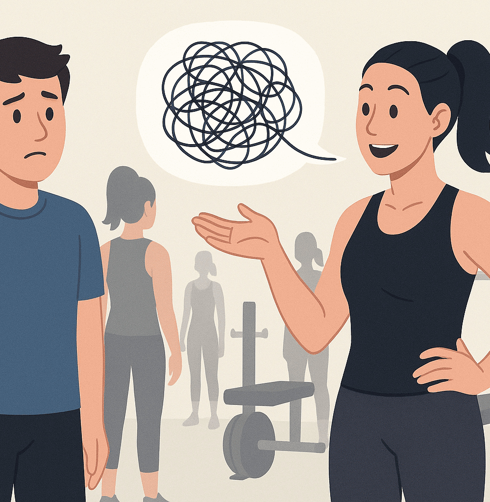 A man scratching his head in confusion from a gym trainer talking