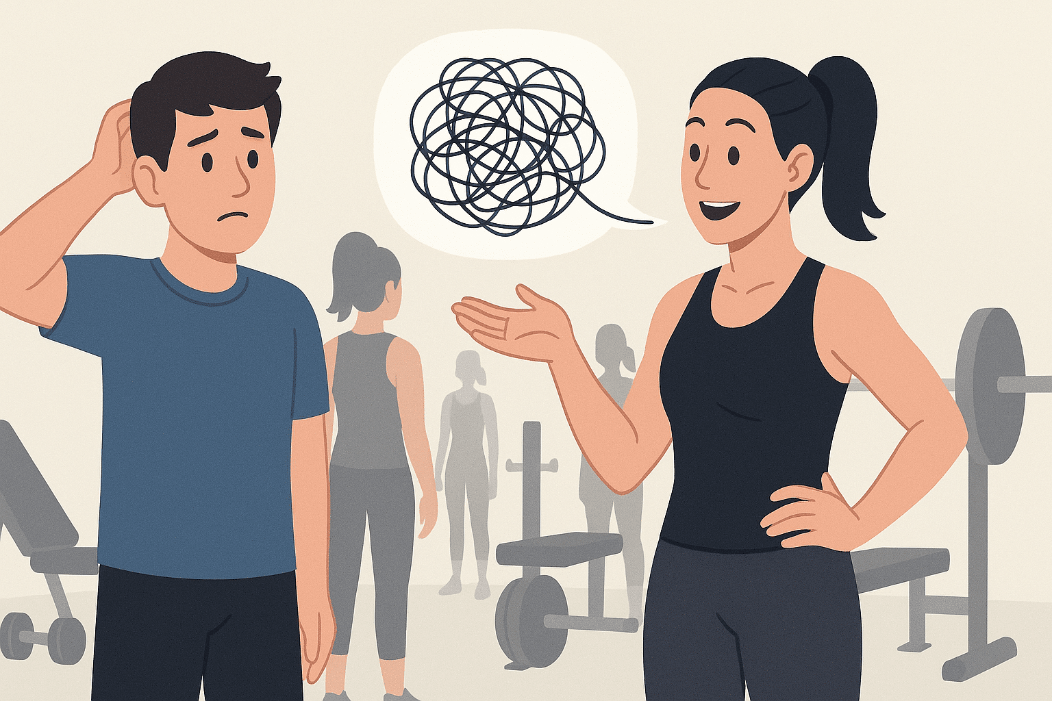 A man scratching his head in confusion from a gym trainer talking