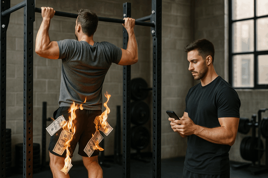 Man exercising while burning money and trainer watches