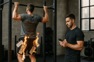 Man exercising while burning money and trainer watches