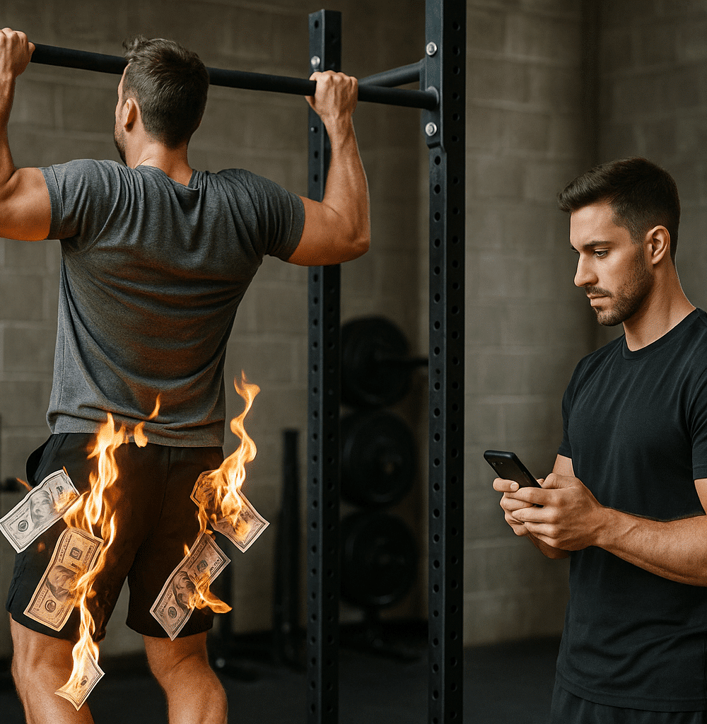 Man exercising while burning money and trainer watches