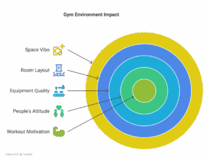 Gym environment impact graphic that shows various rings of various factors that affect gym performance.