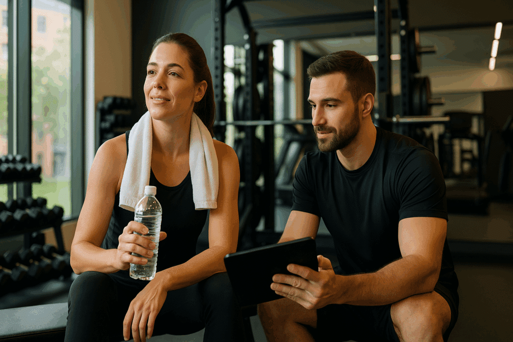 Trainer with a trainee after an intense workout talking