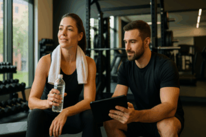 Trainer with a trainee after an intense workout talking