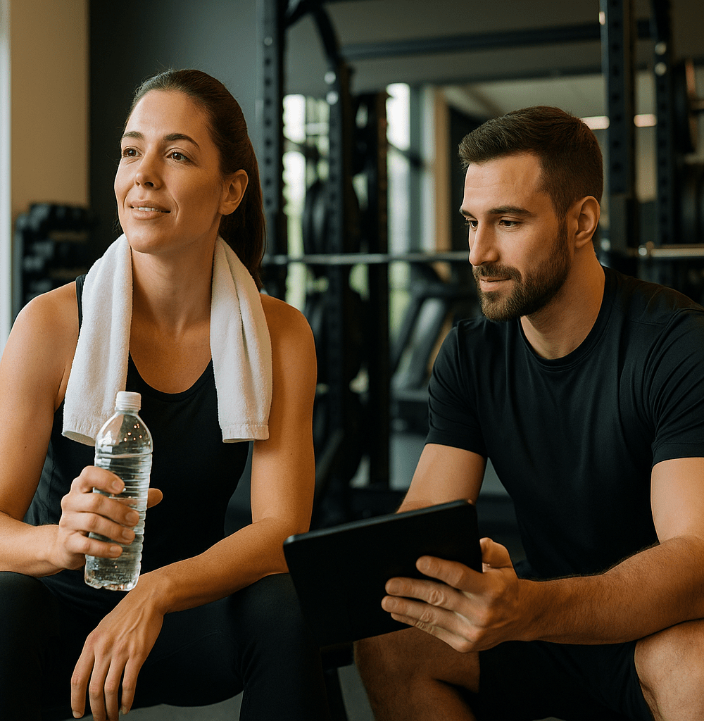 Trainer with a trainee after an intense workout talking