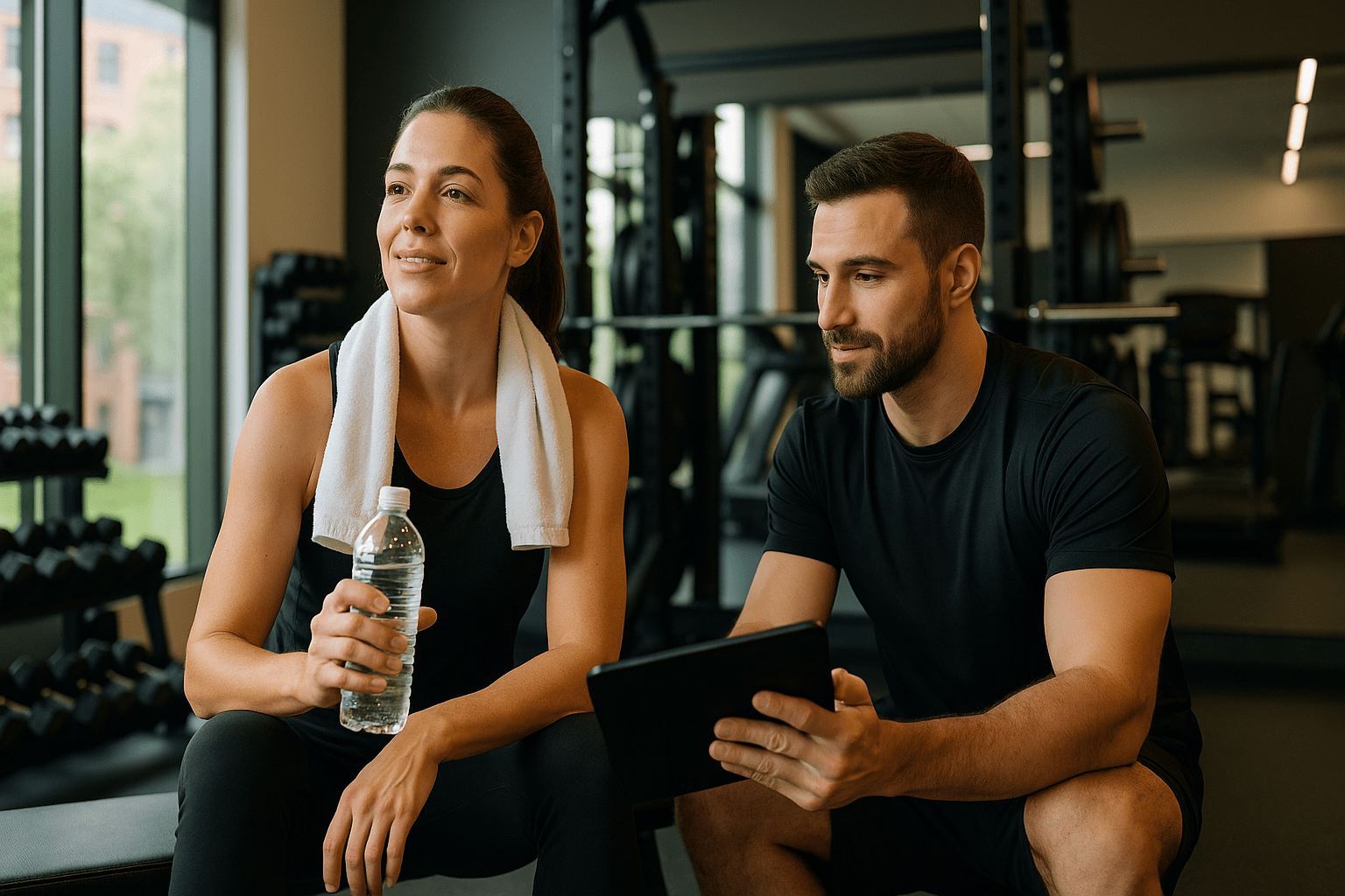 Trainer with a trainee after an intense workout talking