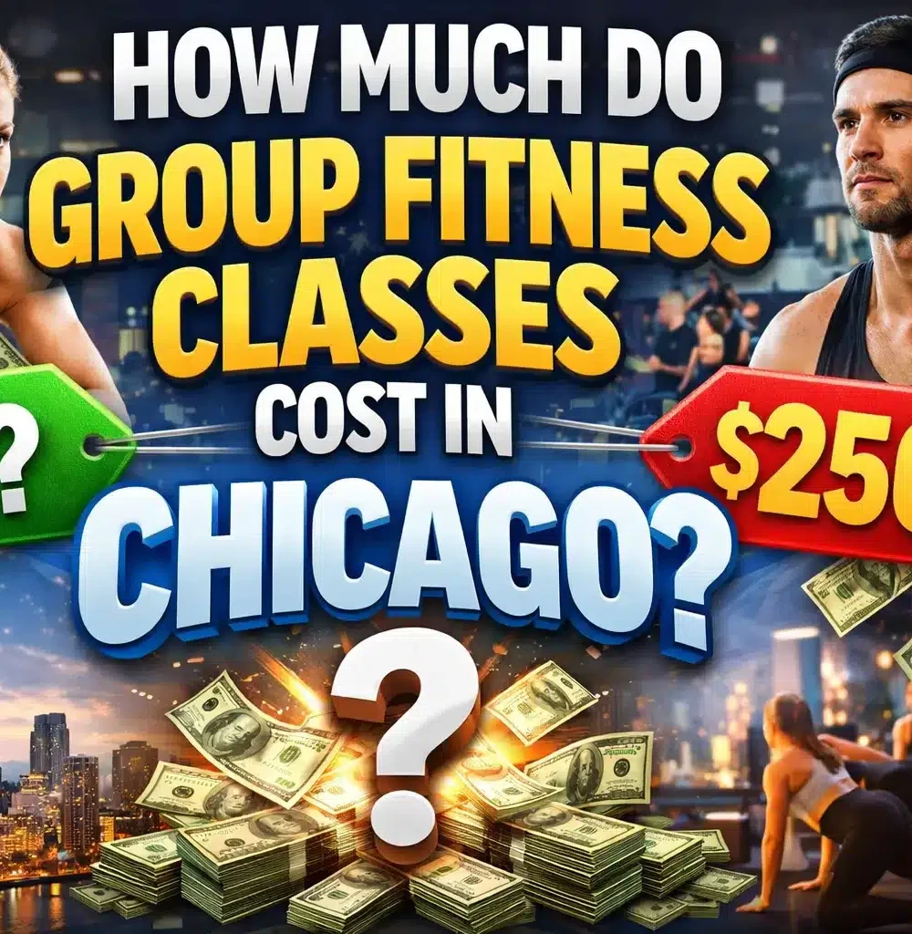 How much do group fitness classes cost in Chicago? Graphic with kettlebell workouts and price tags.