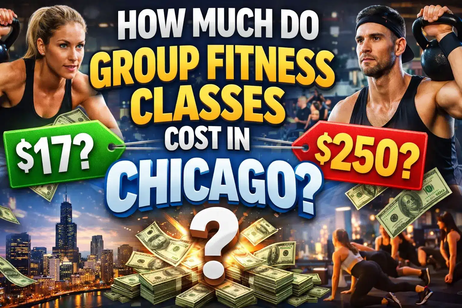 How much do group fitness classes cost in Chicago? Graphic with kettlebell workouts and price tags.